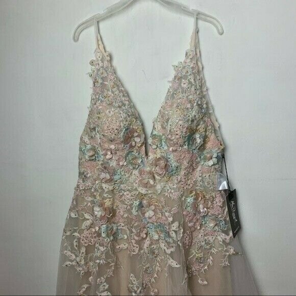 MAC DUGGAL Embellished Floral Sleeveless Deep V-Neck A-Line Gown Pastel Size 12 - Picture 5 of 14
